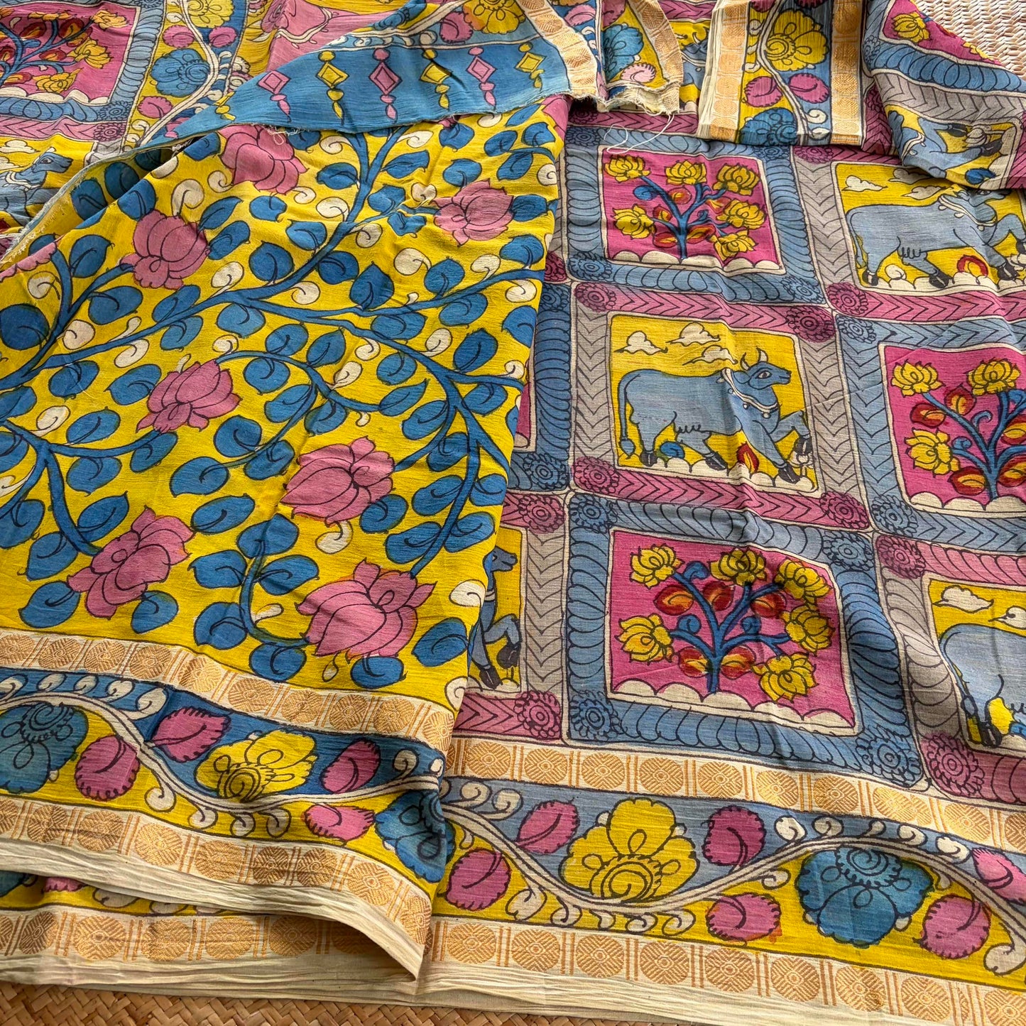 Column and Row Kalamkari Hand Painted on Cotton Sungudi Saree With Blouse