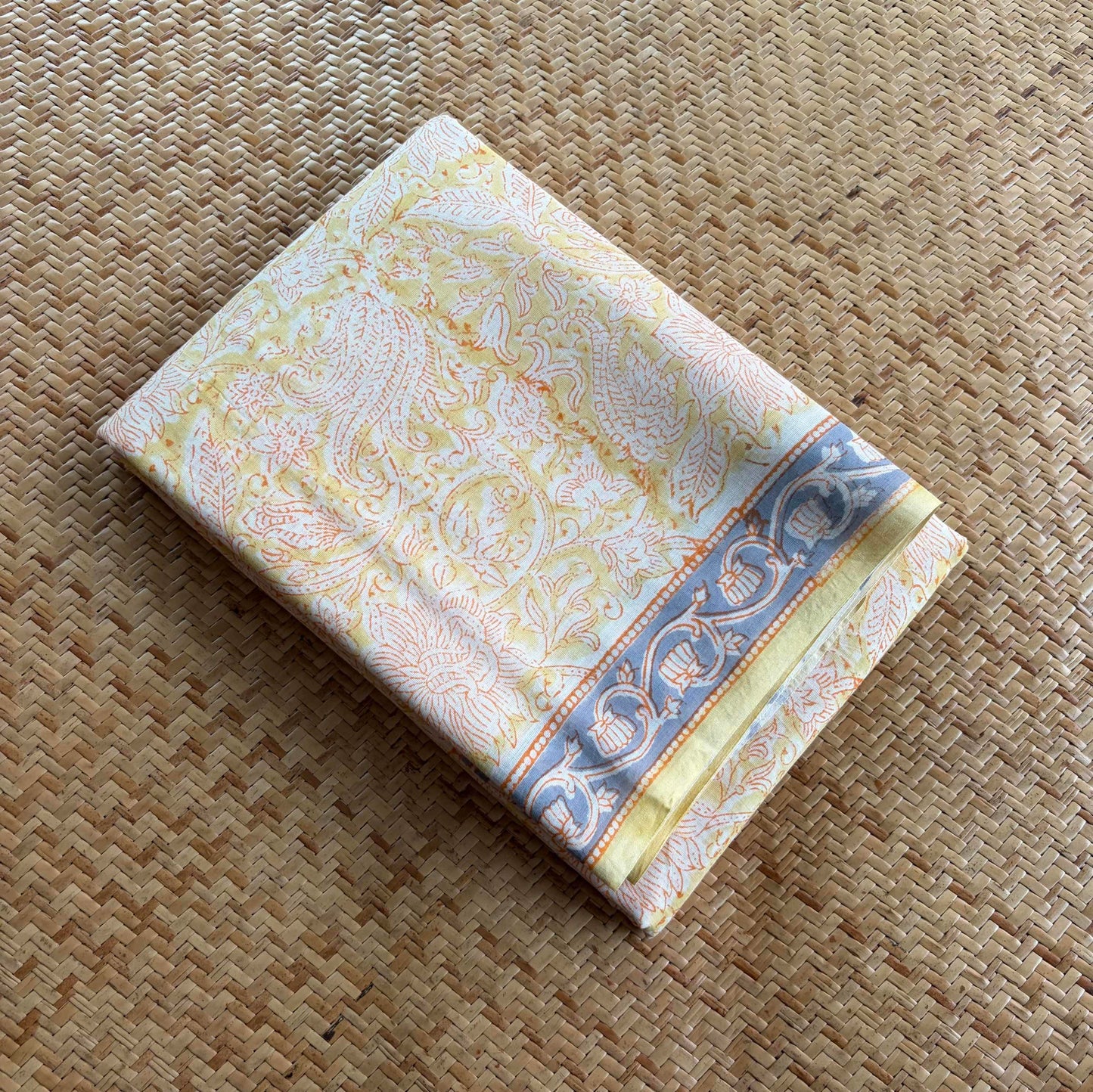 Mul Mul Cotton saree, Hand Block Printed, Butter Yellow