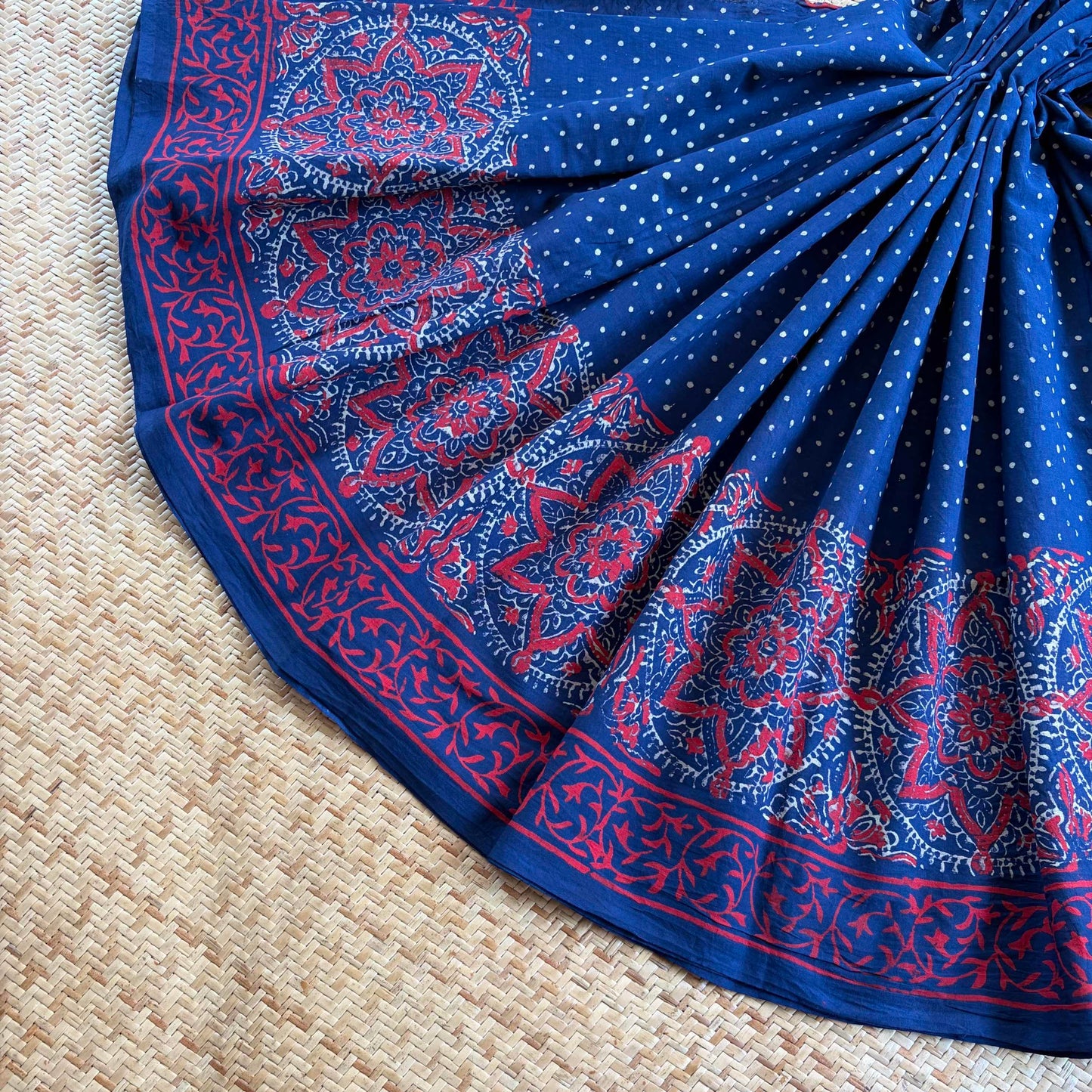 Mul Mul Cotton saree, Hand Block Printed, Blue