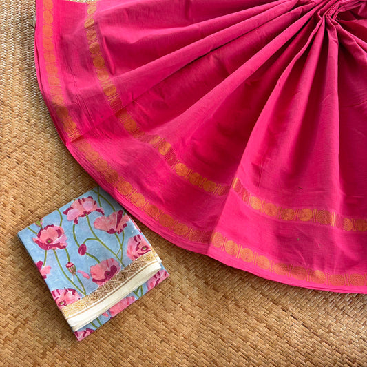 Pink Saree With Hand Block Printed Blouse , Zari Rudraksham Rettai Pettu Border , Clamp dyed (Kattu sayam)