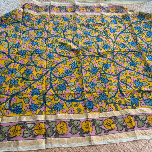 Yellow Floral, Kalamkari Hand Painted on a Madurai Sungudi Cotton 1.20 METER FABRIC