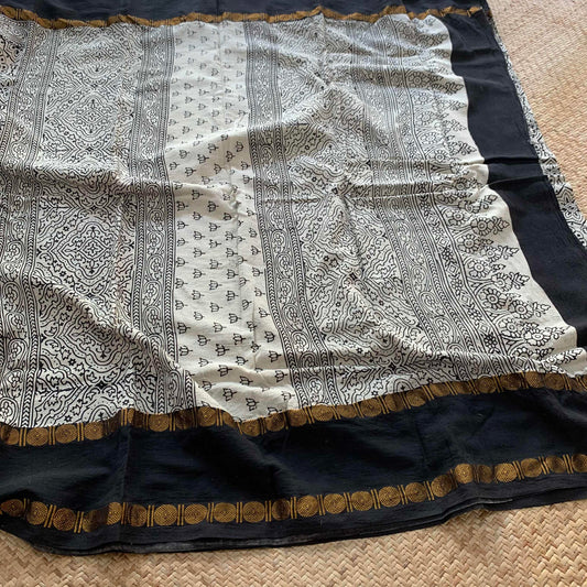 Monochrome, Ajrak Hand Block Printed On Madurai Cotton Saree With Zari