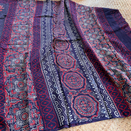 Mul Mul Cotton saree, Hand Block Printed, Blue