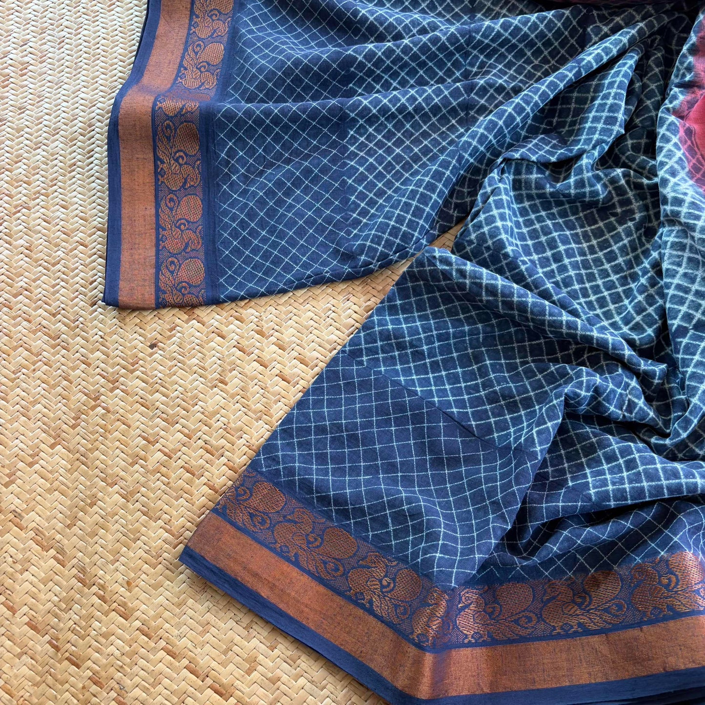 Indigo, Hand Crafted Nui Shibori Sungudi Cotton Saree