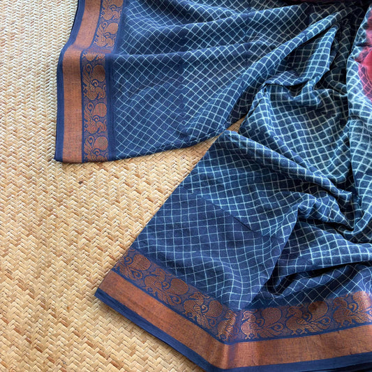 Indigo, Hand Crafted Nui Shibori Sungudi Cotton Saree