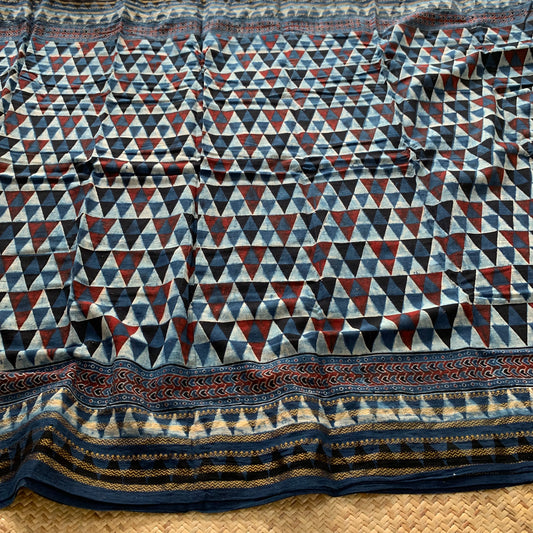 Triangles-Indigo, Ajrak Hand Block Printed On Madurai Cotton Saree With Zari