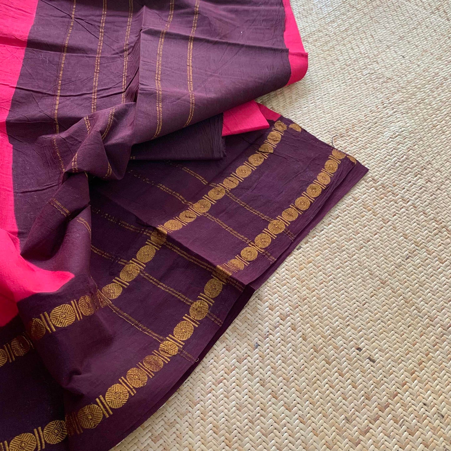 Pink Saree Brown Border, Zari Rudraksham Rettai Pettu Border , Clamp dyed (Kattu sayam).