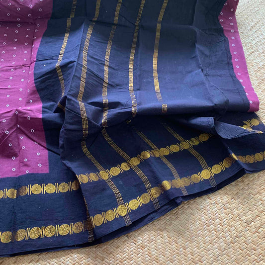 Dark Mauve Saree With Navy Border, Hand knotted Sungudi On a Rudraksham Border Cotton saree, Kaikattu Sungadi