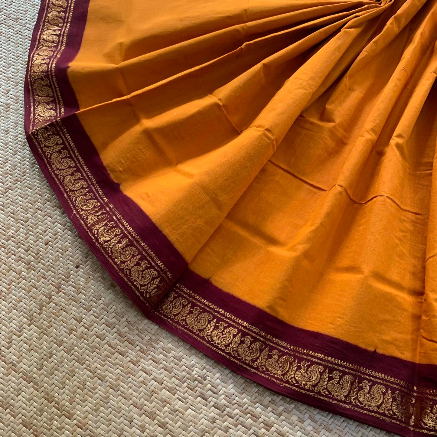 Yellow Saree With Brown Half Fine Zari Border, Clamp dyed (Kattu sayam).