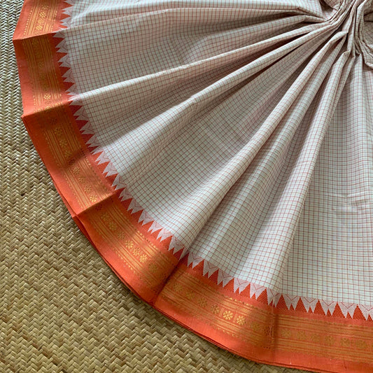 Chettinad Cotton Saree, Pure White Checked Saree With Orange Border