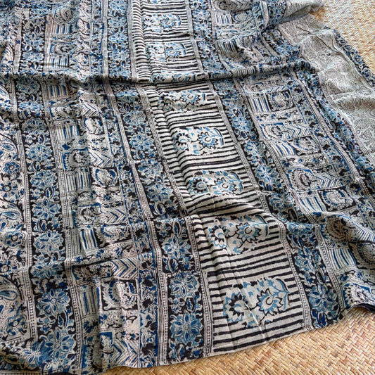 Black, Kalamkari Hand Block Printed Natural dye, Mul cotton saree