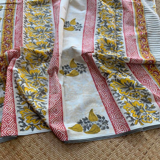 Mul Mul Cotton saree, Bagru Hand Block Printed, Yellow