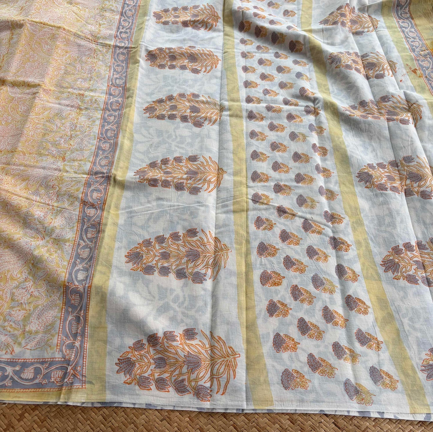 Mul Mul Cotton saree, Hand Block Printed, Butter Yellow