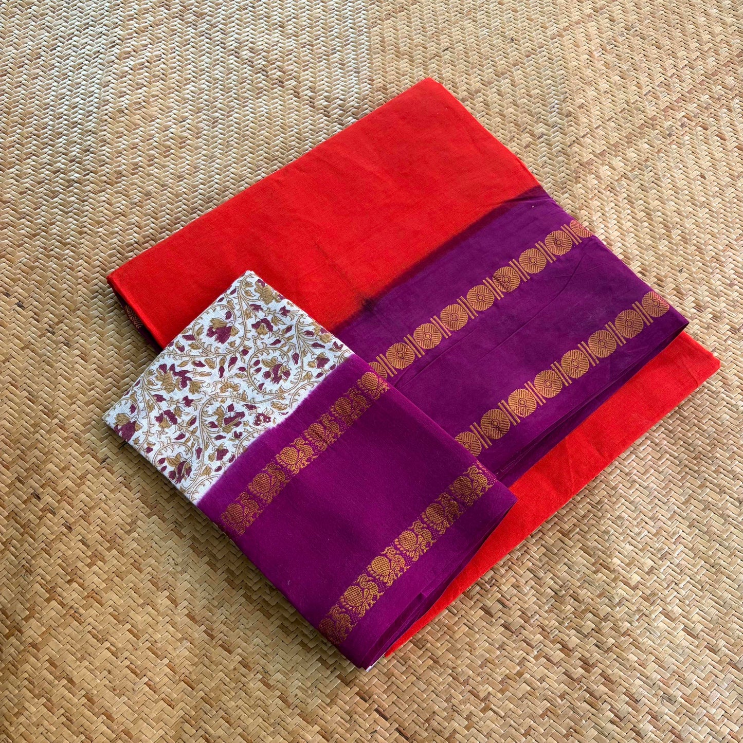 Red Saree With Hand Block Printed Blouse , Zari Rudraksham Rettai Pettu Border , Clamp dyed (Kattu sayam)