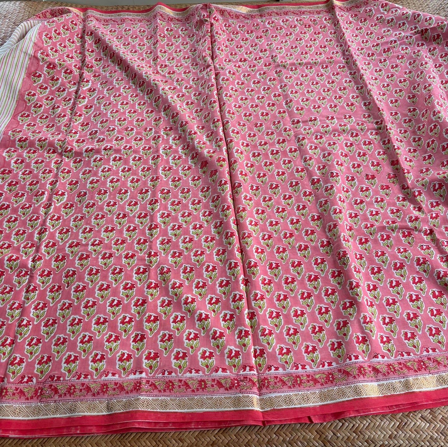 Pink, Jaipur Hand Block Printed On Madurai Cotton Saree With Zari