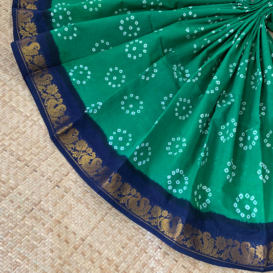 Green Saree Navy Blue Border, Hand knotted Sungadi On a annam Border Cotton saree, Kaikattu Sungadi