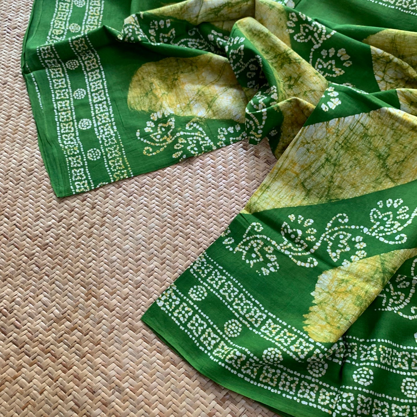 Green Hand Crafted wax print Sungudi Mul Mul Cotton Saree