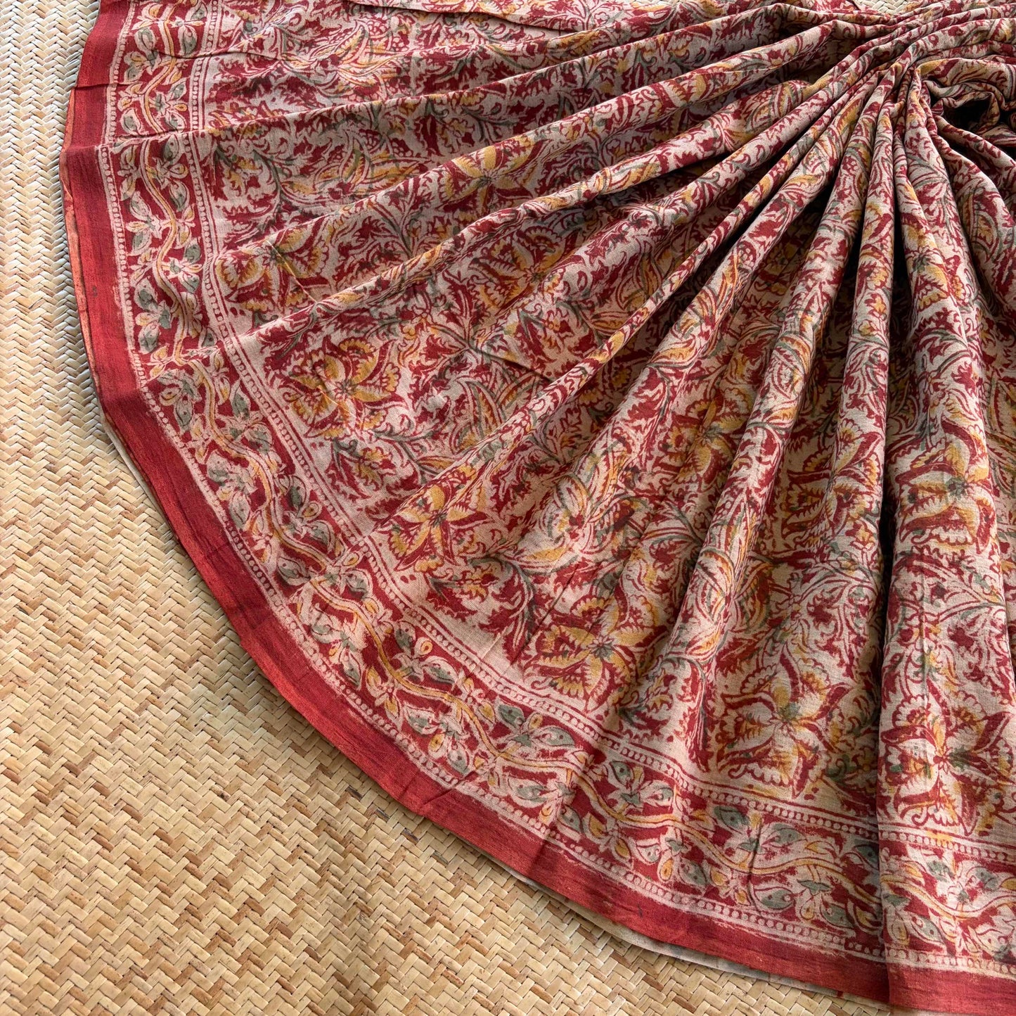 Red, Kalamkari Hand Block Printed Natural dye, Mul cotton saree