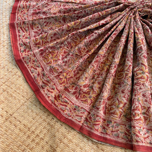 Red, Kalamkari Hand Block Printed Natural dye, Mul cotton saree
