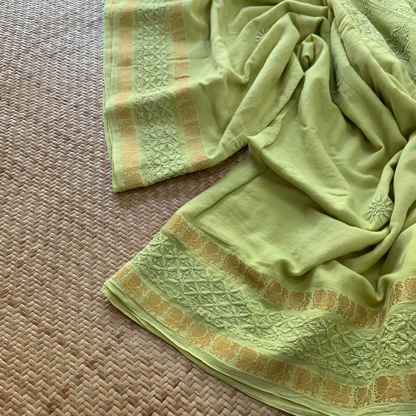 Green Chickankari Hand Embroidery on a Sungudi Cotton Saree