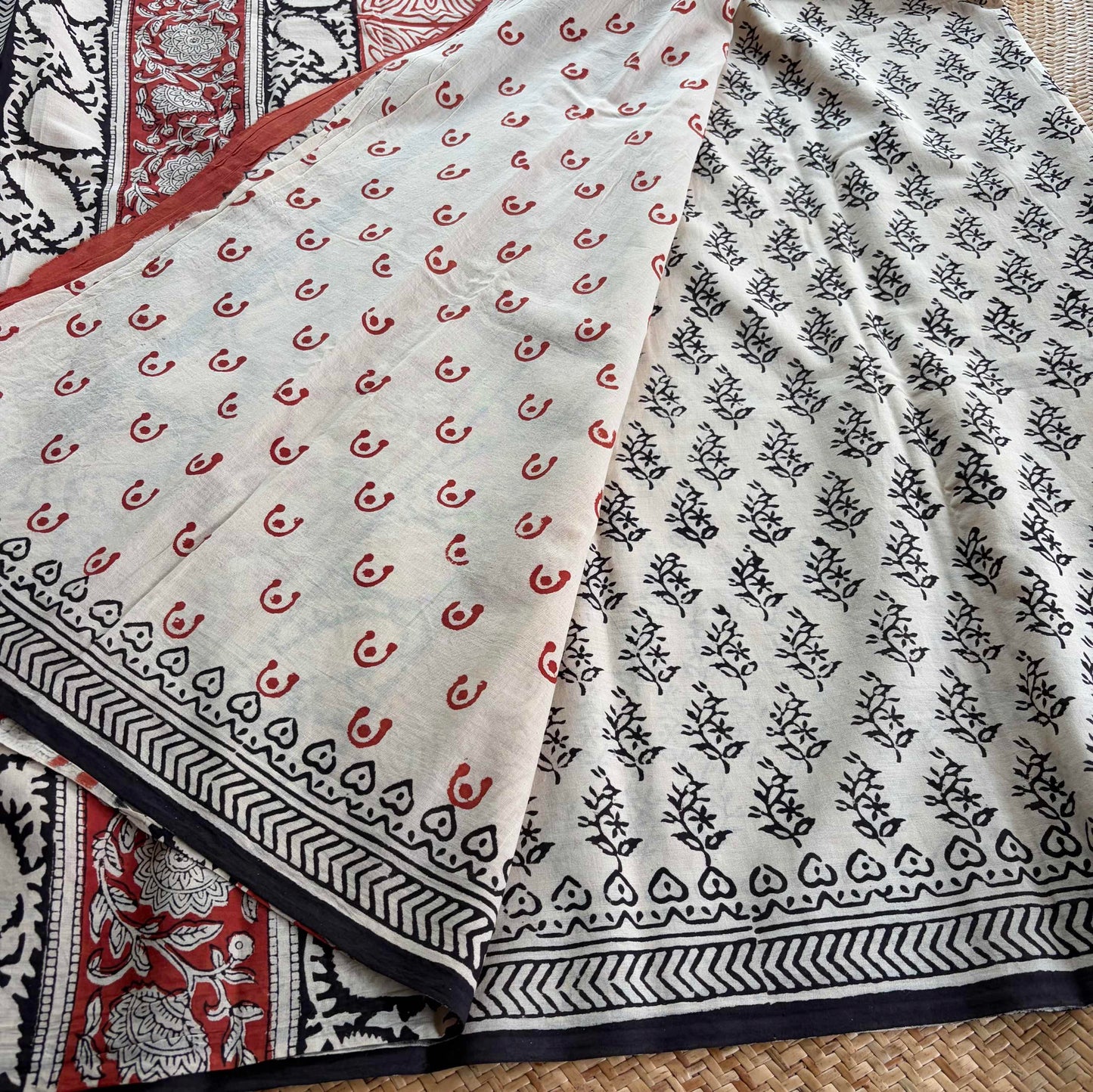 Mul Mul Cotton saree, Hand Block Printed, Cream