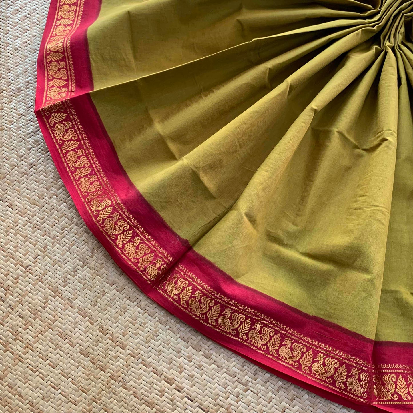 Olive Green Saree With Red Half Fine Zari Border, Clamp dyed (Kattu sayam).