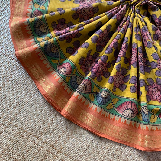 Yellow,Kalamkari Hand Painted on Chettinad Cotton saree