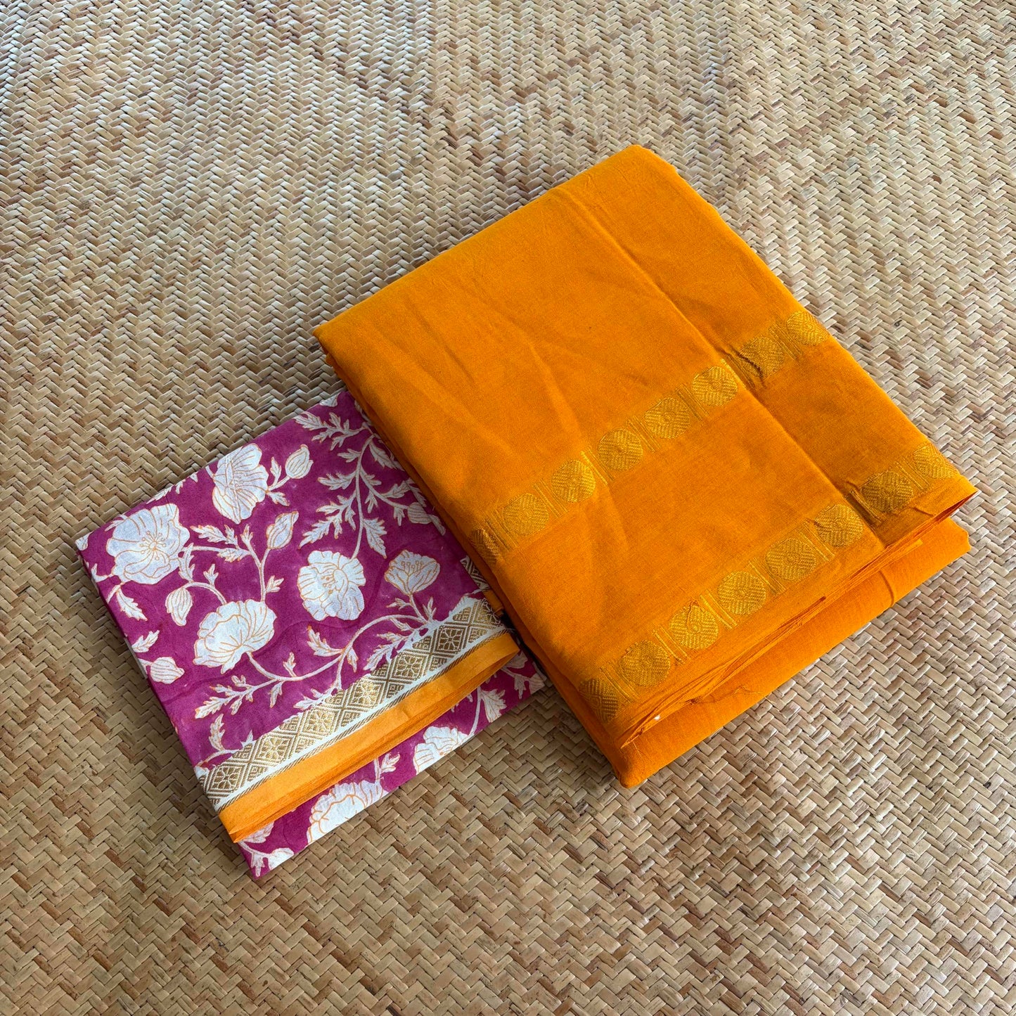Yellow Saree With Hand Block Printed Blouse , Zari Rudraksham Rettai Pettu Border , Clamp dyed (Kattu sayam)