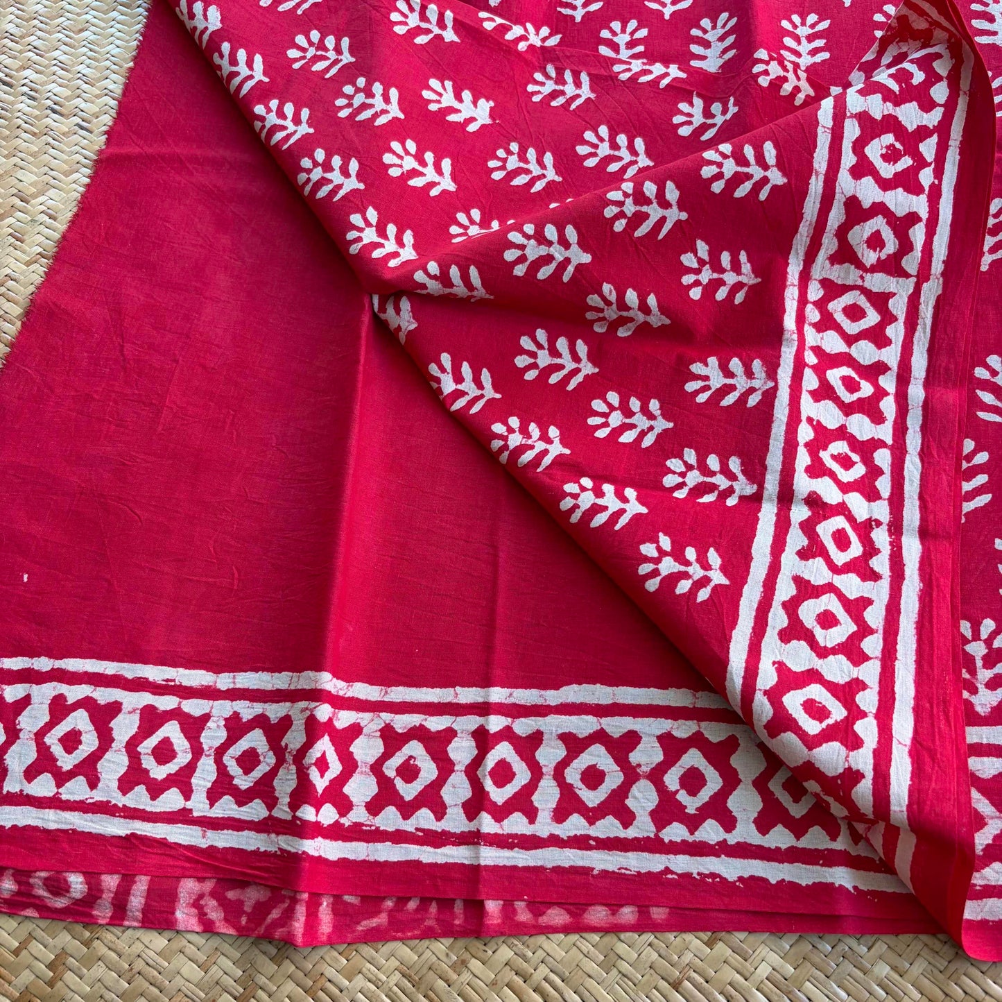 Mul Mul Cotton saree, Hand Block Printed, Red