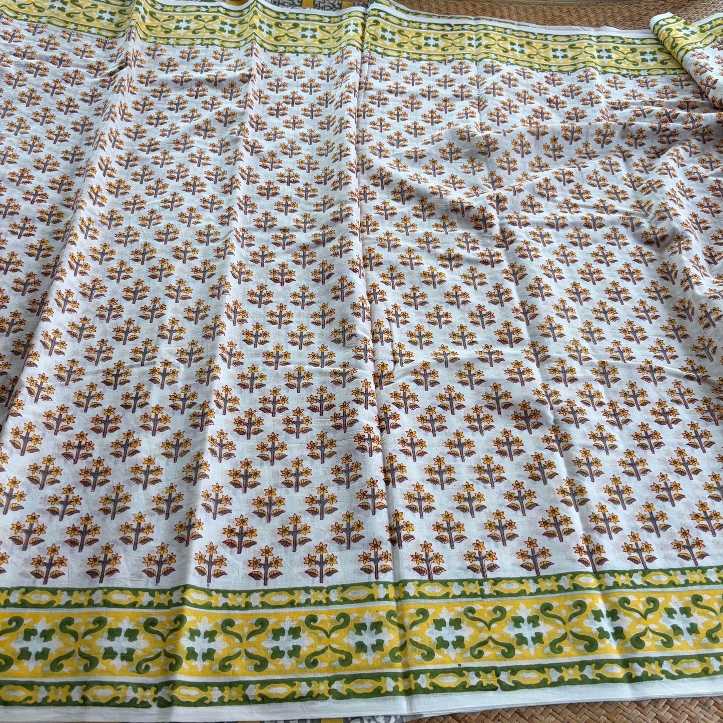 Mul Mul Cotton saree, Hand Block Printed, Off white