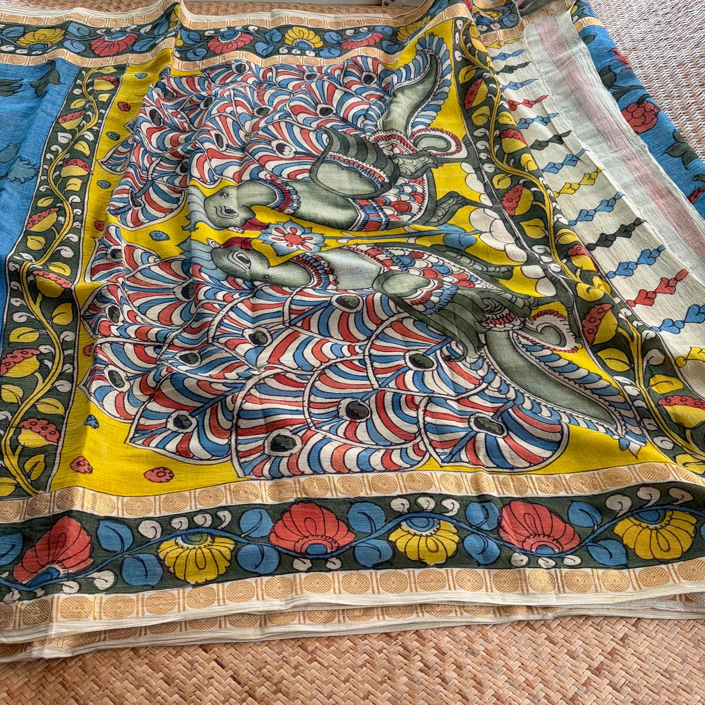 Blue, Kalamkari Hand Painted on Cotton Sungudi Saree With Blouse
