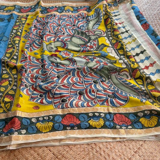 Blue, Kalamkari Hand Painted on Cotton Sungudi Saree With Blouse