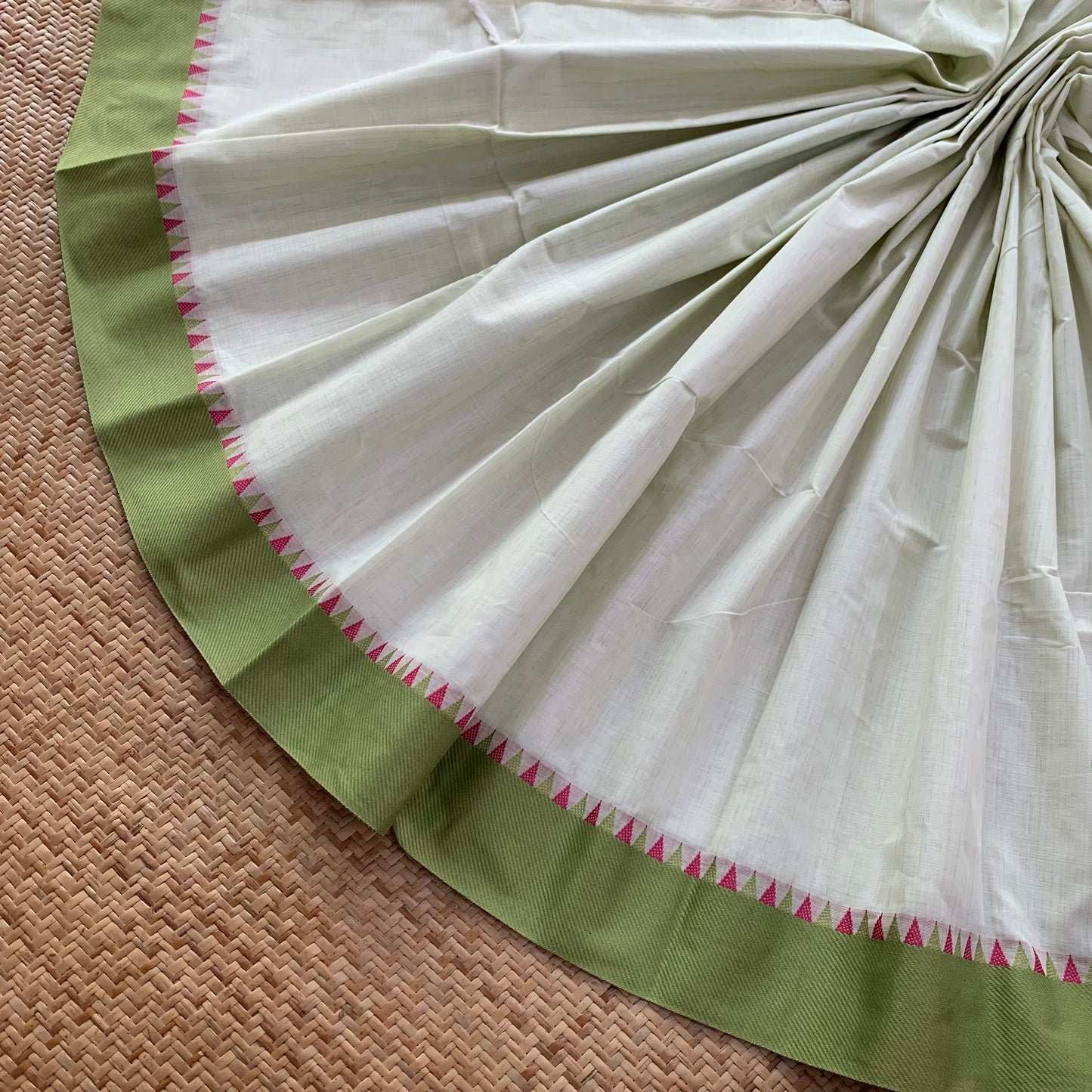 Chettinad Cotton Saree, Greenish- Cream Saree With Green Border