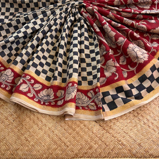 Checkered Kalamkari Hand Painted on Cotton saree