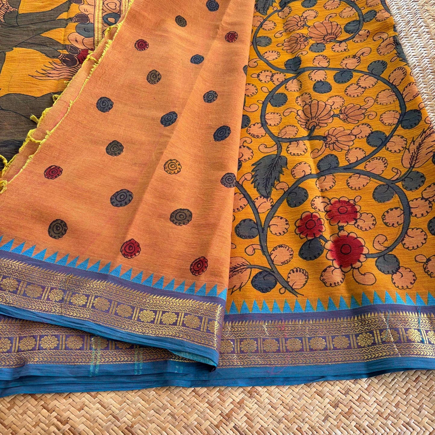 Peach, Kalamkari Hand Painted on Chettinad Cotton saree
