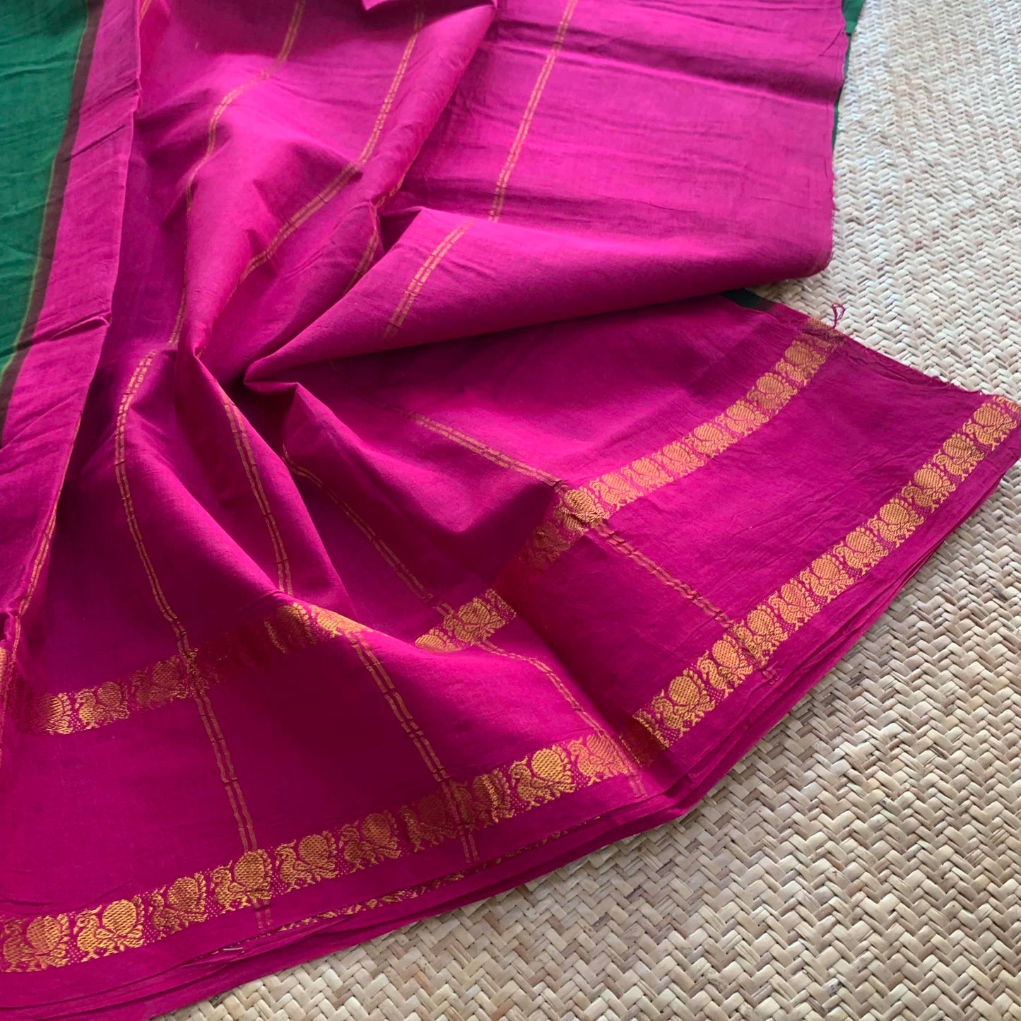 Dark Green Saree With Pink Border, Zari Annam Rettai Pettu Border , Clamp dyed (Kattu sayam).