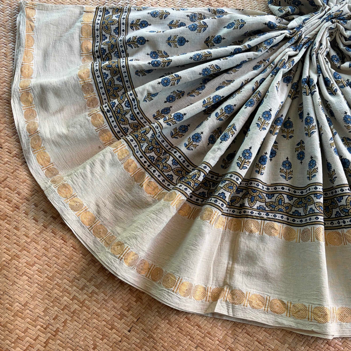 Off White, Ajrak Hand Block Printed On Madurai Cotton Saree With Zari