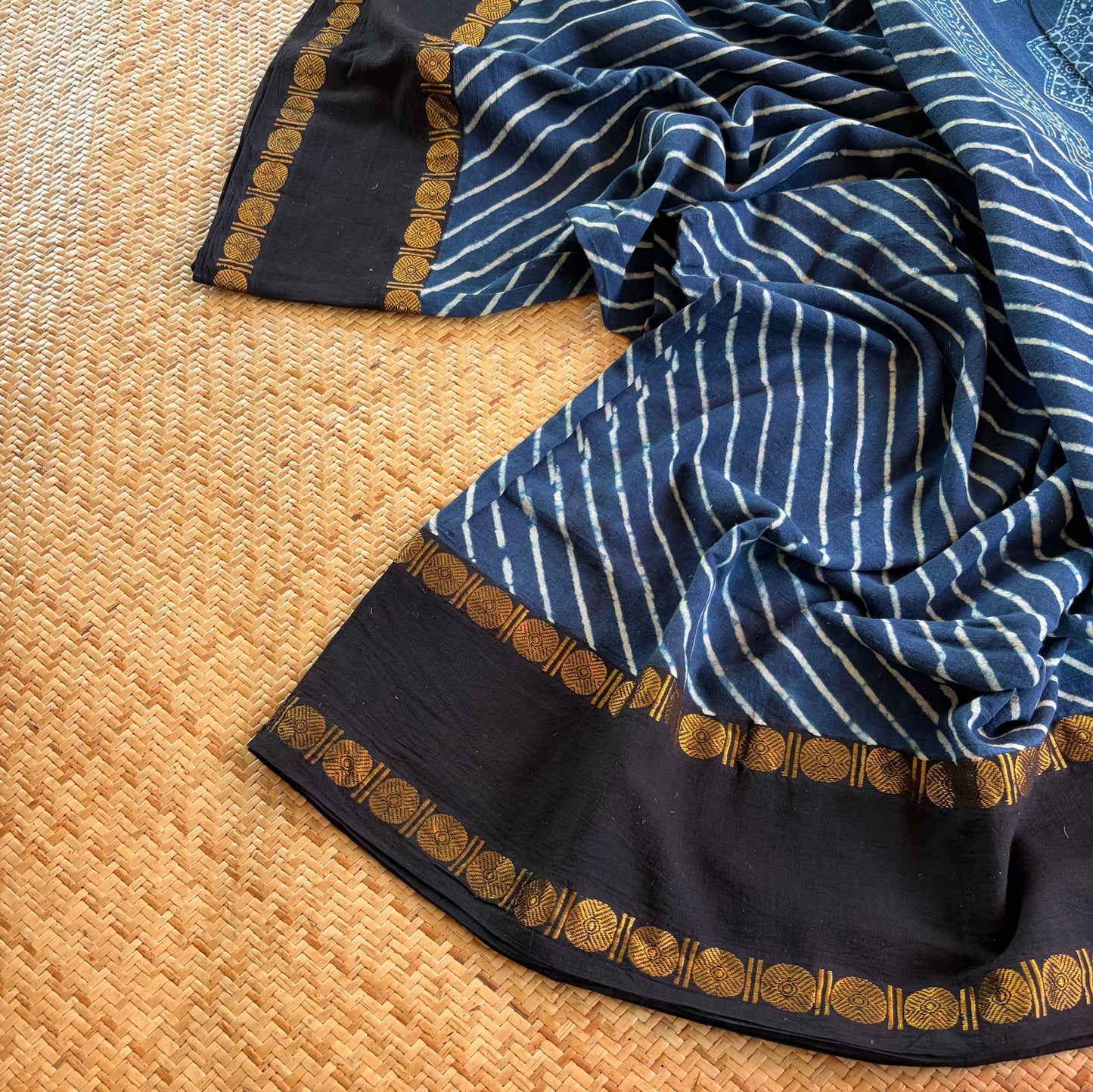 Diagonal Indigo, Ajrak Hand Block Printed On Madurai Cotton Saree With Zari