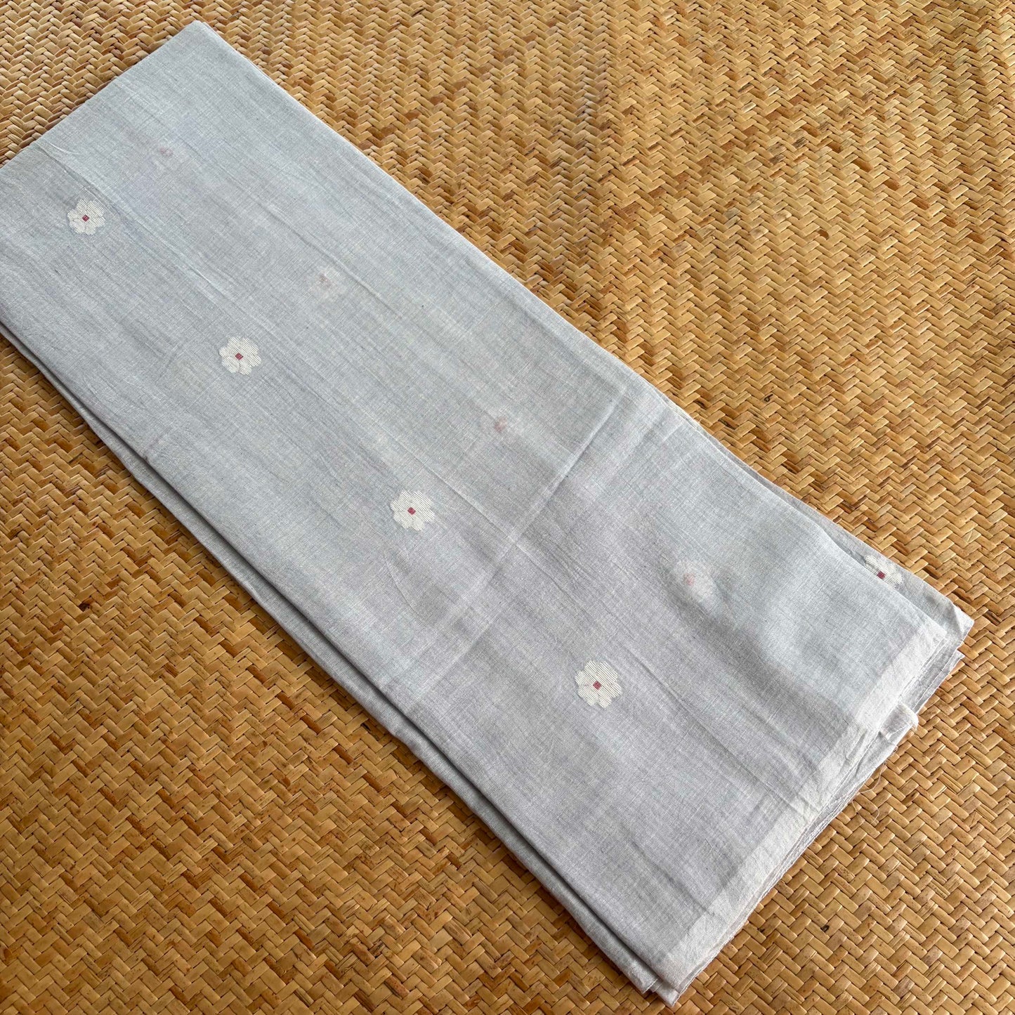 Jamdani Handloom Cotton Running Fabric, Ice Blue