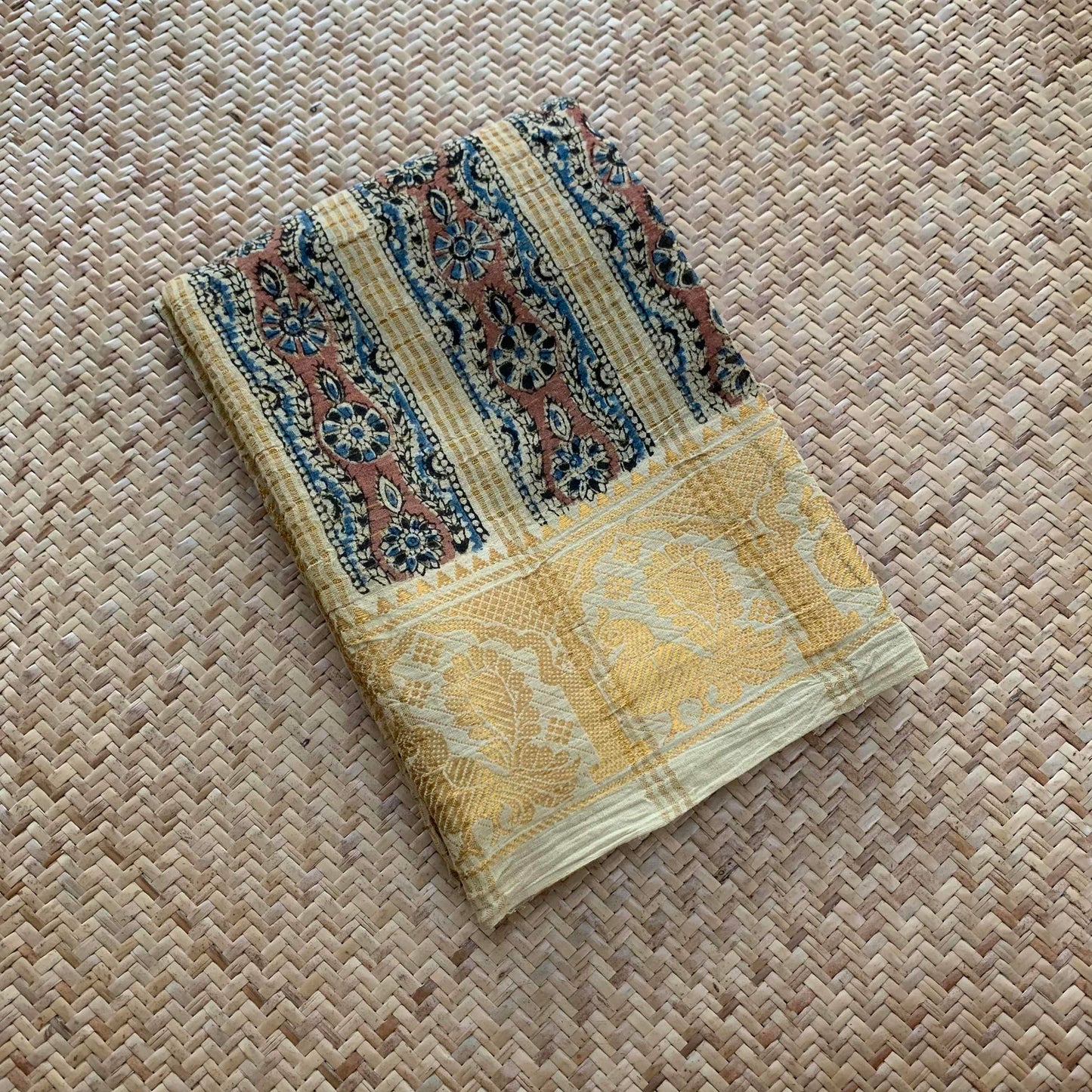 Cream , Natural Dyeing Kalamkari Hand Block Printed Cotton Cut Fabric