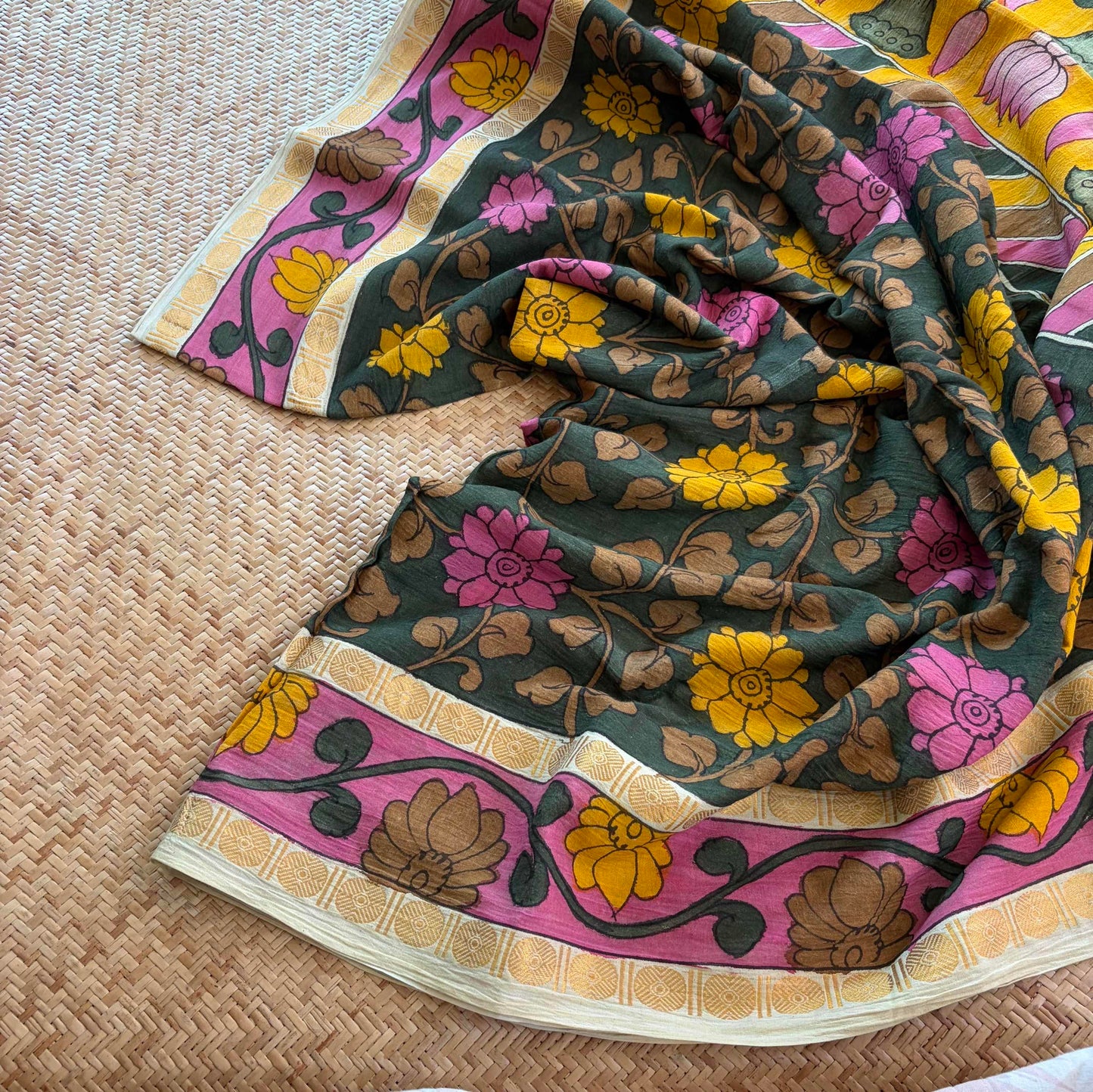Green Kalamkari Hand Painted on Cotton Sungudi Saree With Blouse