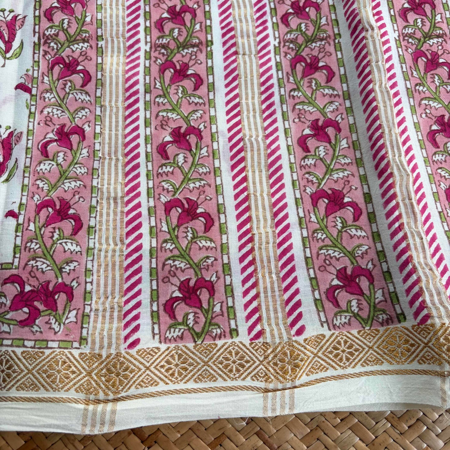 White, Jaipur Hand Block Printed On Madurai Cotton Saree With Zari
