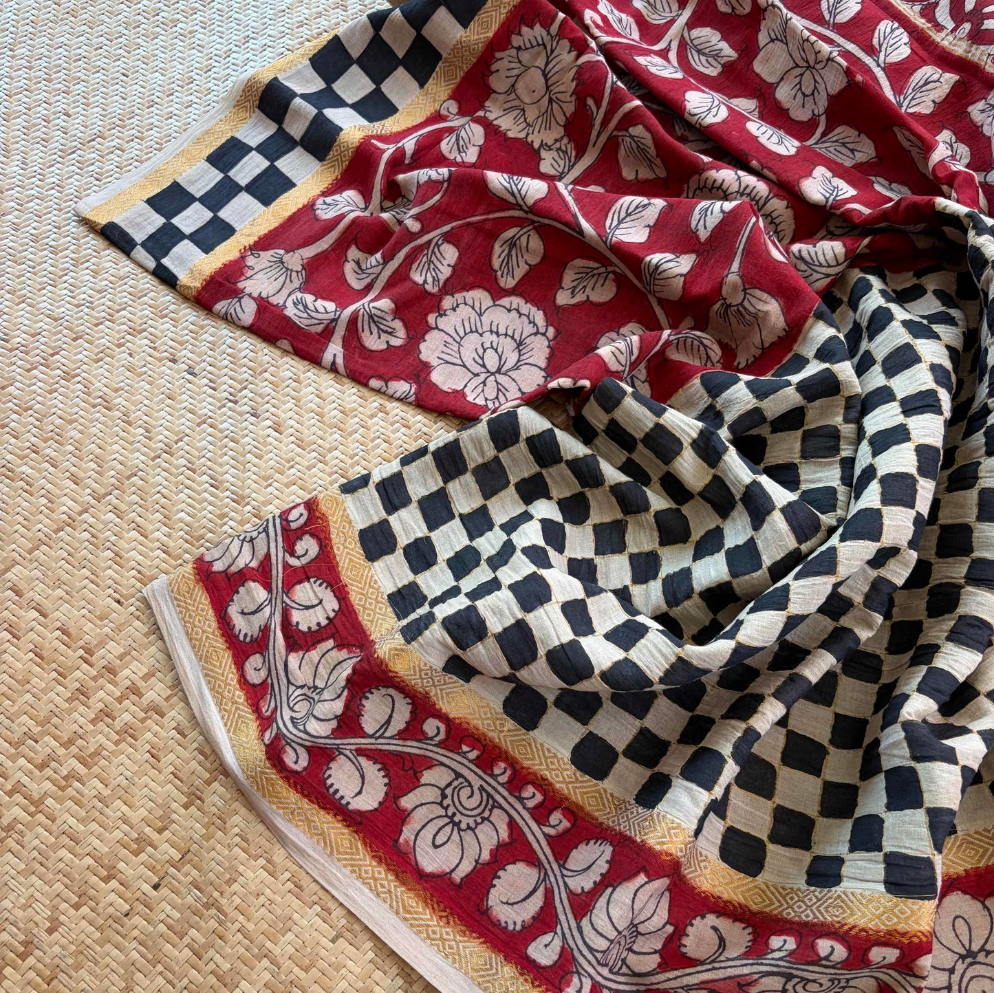 Checkered Kalamkari Hand Painted on Cotton saree