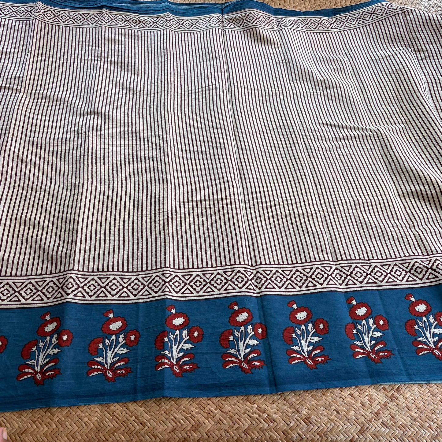 Mul Mul Cotton saree, Hand Block Printed, Blue