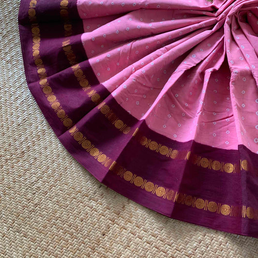 Pink Saree With Brown Border, Hand knotted Sungudi On a Rudraksham Border Cotton saree, Kaikattu Sungadi