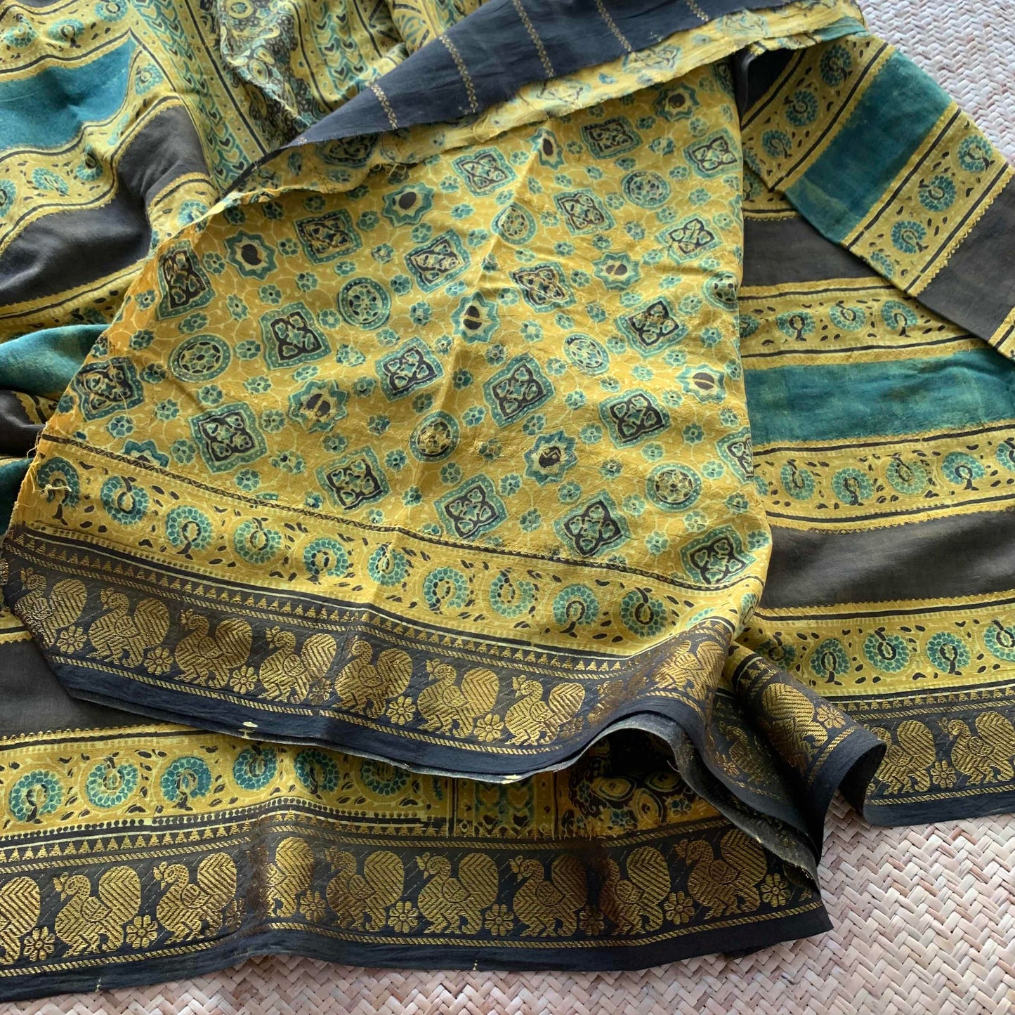 Trailing Plants-Mustard, Ajrak Hand Block Printed On Madurai Cotton Saree With Zari