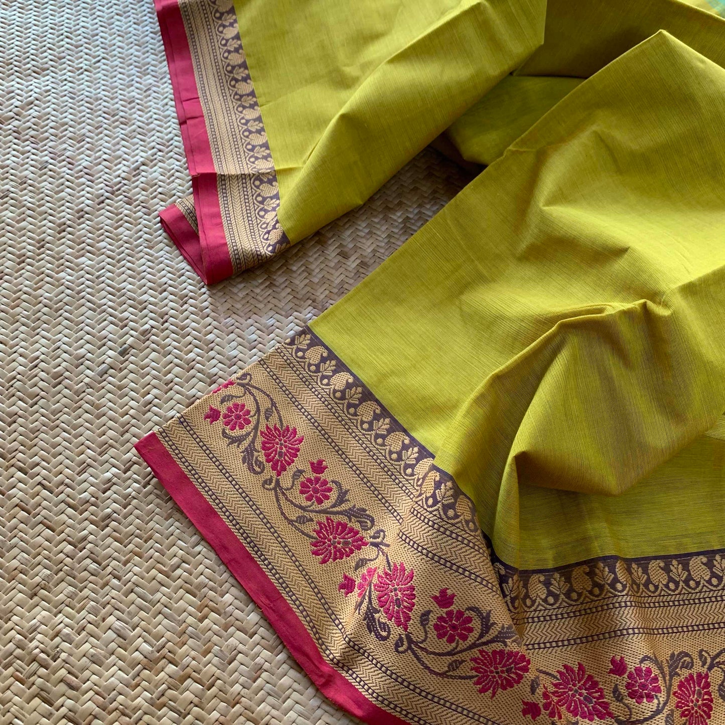 Lime Green Saree With Thread Border, Chettinadu Cotton Saree