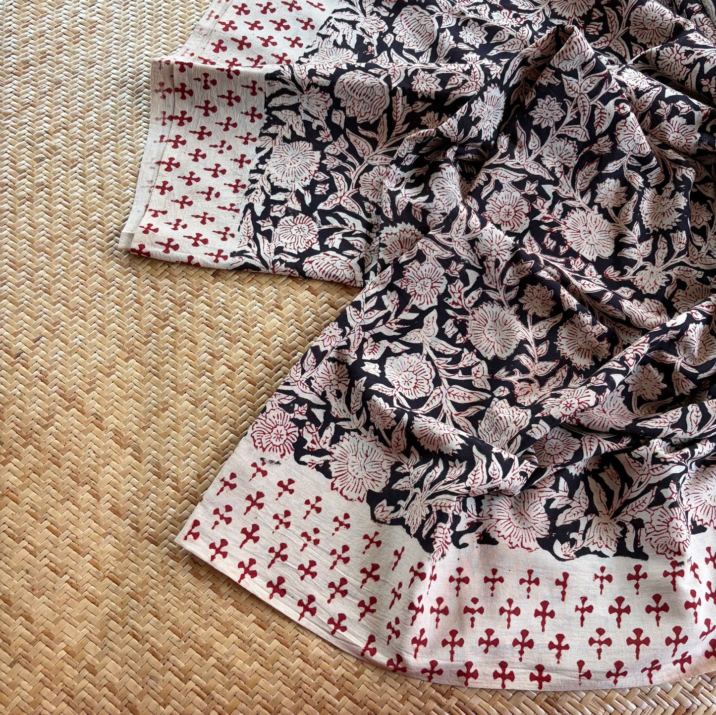 Mul Mul Cotton saree, Hand Block Printed, Black