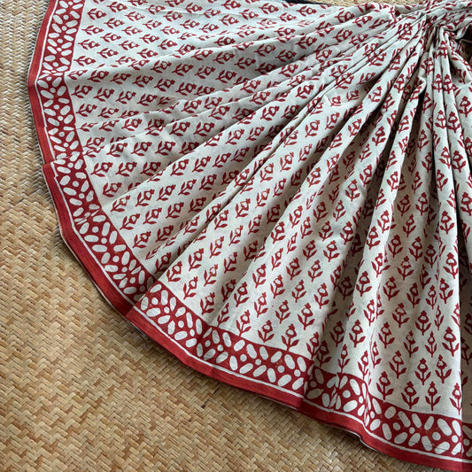 Mul Mul Cotton saree, Hand Block Printed, Cream