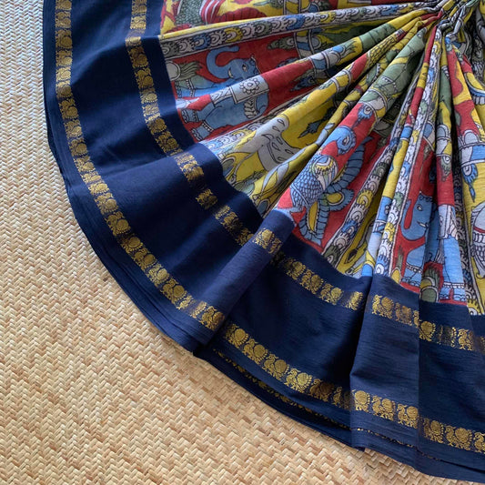 Funa, Multicoloured Kalamkari Hand Painted on a Madurai Sungudi Cotton saree.